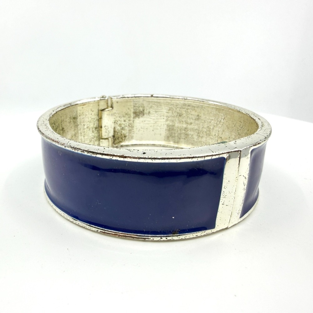 Bold Navy Blue Enamel Hinged Bangle Bracelet Silver Tone Statement Stackable